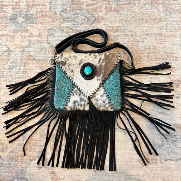 Handbags - Turquoise Accent Cowhide Tooled Fringe Crossbody Bag